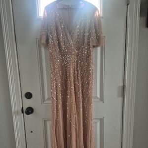 Mac Duggal Blush Sequin V-Neck Maxi Gown